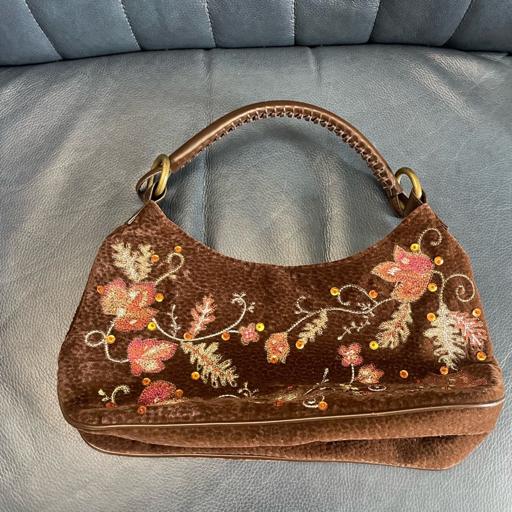 Path and Body Works Brown Floral Embroidered Handbag
